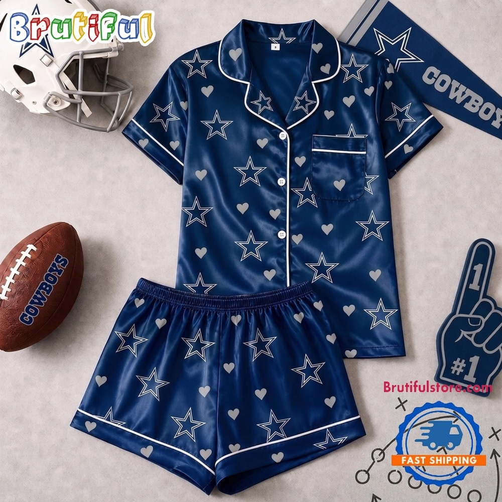 Dallas Cowboys NFL Logo Team Love Satin Short Sleeve Pajamas Set Dallas Cowboys NFL Logo Team Love Satin Short Sleeve Pajamas Set