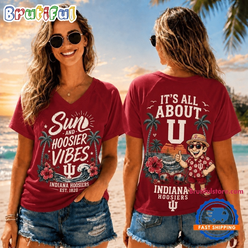 Indiana Hoosiers NCAA Sunset and Beach Vibes V neck T Shirt Indiana Hoosiers NCAA Sunset and Beach Vibes V neck T Shirt