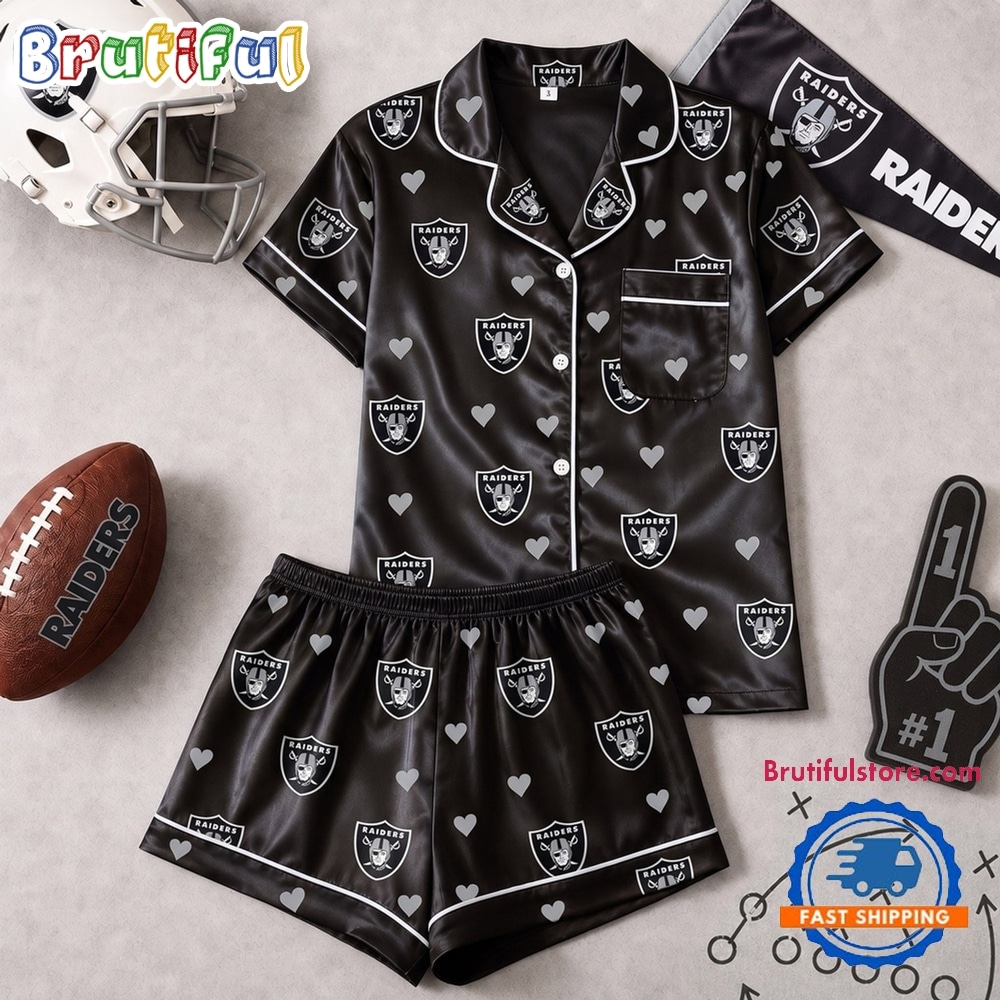 Las Vegas Raiders NFL Logo Team Love Satin Short Sleeve Pajamas Set Las Vegas Raiders NFL Logo Team Love Satin Short Sleeve Pajamas Set