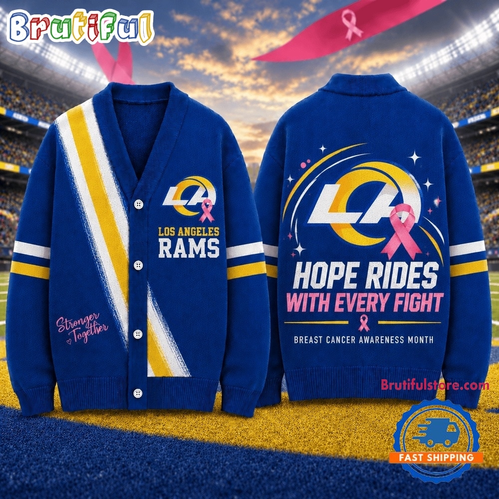 Los Angeles Rams NFL Breast Cancer Hope Rides With Every Fight Cardigan Los Angeles Rams NFL Breast Cancer Hope Rides With Every Fight Cardigan