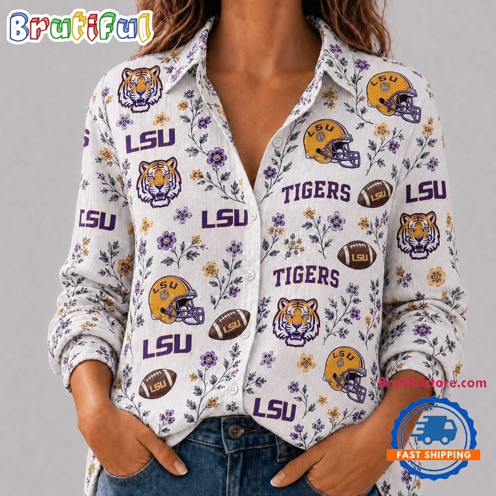 LSU Tigers NCAA College Spirit Blossoms Women Casual Shirt LSU Tigers NCAA College Spirit Blossoms Women Casual Shirt