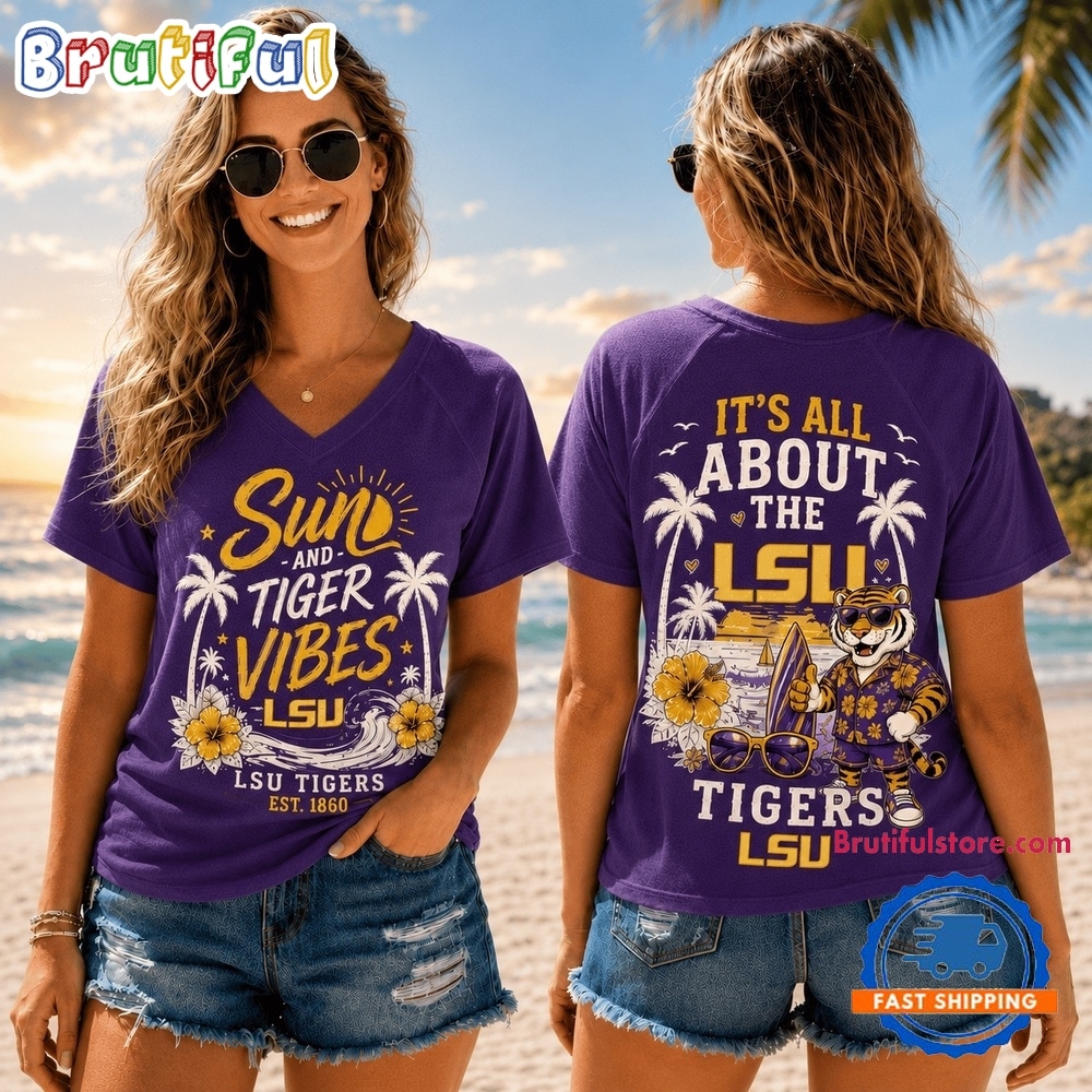 LSU Tigers NCAA Sunset and Beach Vibes V neck T Shirt LSU Tigers NCAA Sunset and Beach Vibes V neck T Shirt