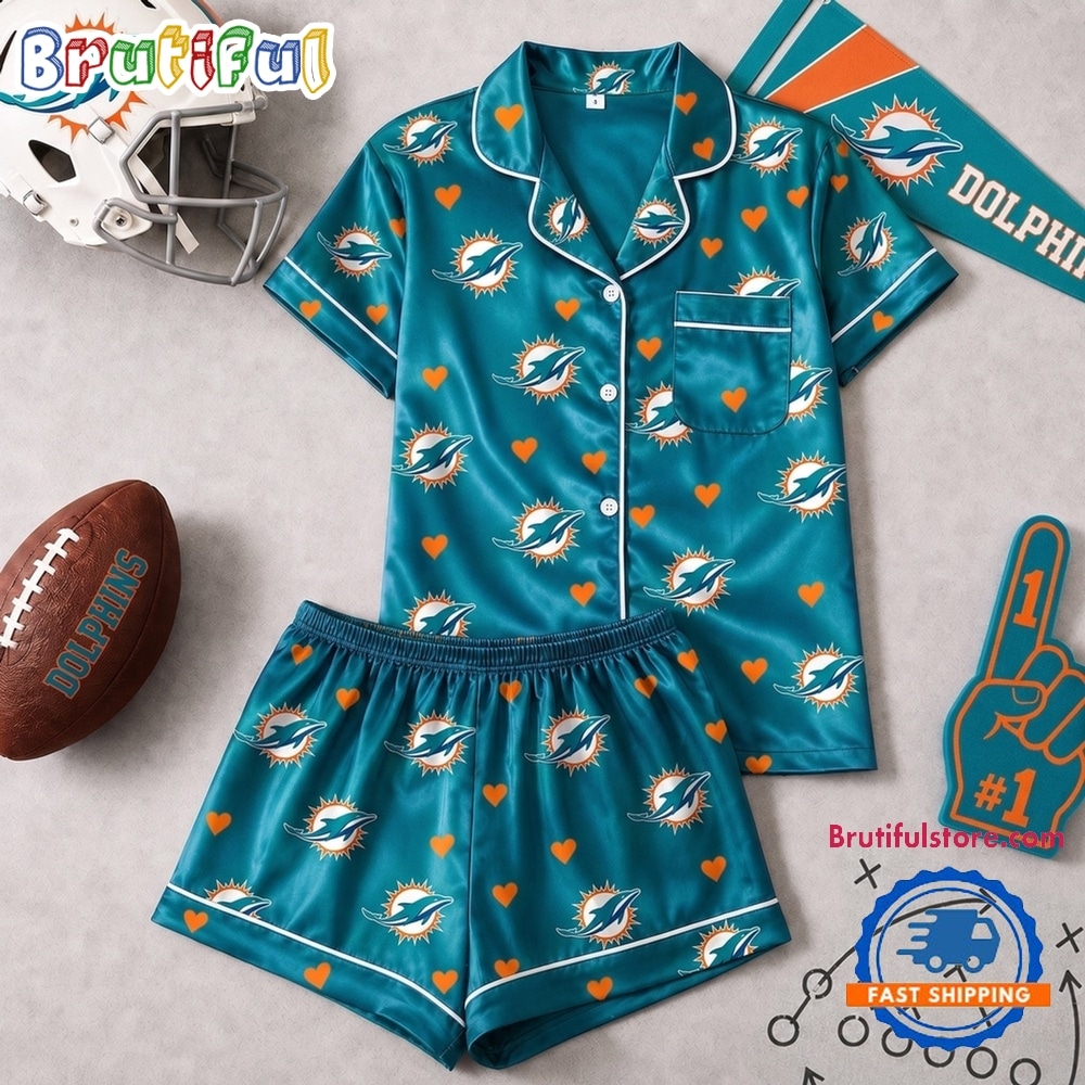 Miami Dolphins NFL Logo Team Love Satin Short Sleeve Pajamas Set Miami Dolphins NFL Logo Team Love Satin Short Sleeve Pajamas Set