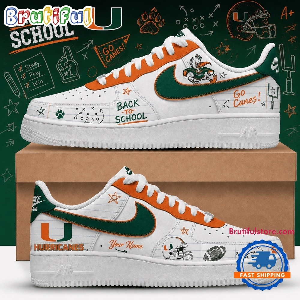 Miami Hurricanes 2026 NCAA Football Back To School Air Force 1 Shoes Sneakers Miami Hurricanes 2026 NCAA Football Back To School Air Force 1 Shoes Sneakers