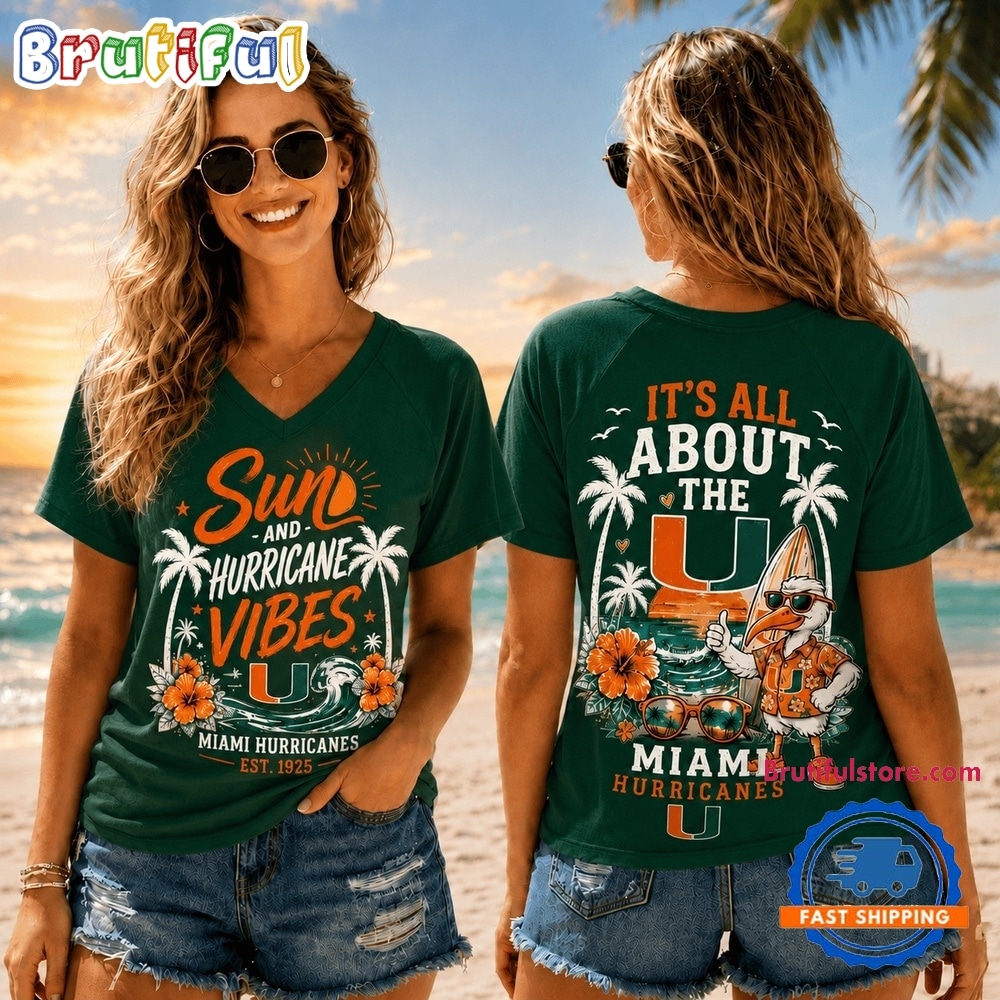 Miami Hurricanes NCAA Sunset and Beach Vibes V neck T Shirt Miami Hurricanes NCAA Sunset and Beach Vibes V neck T Shirt