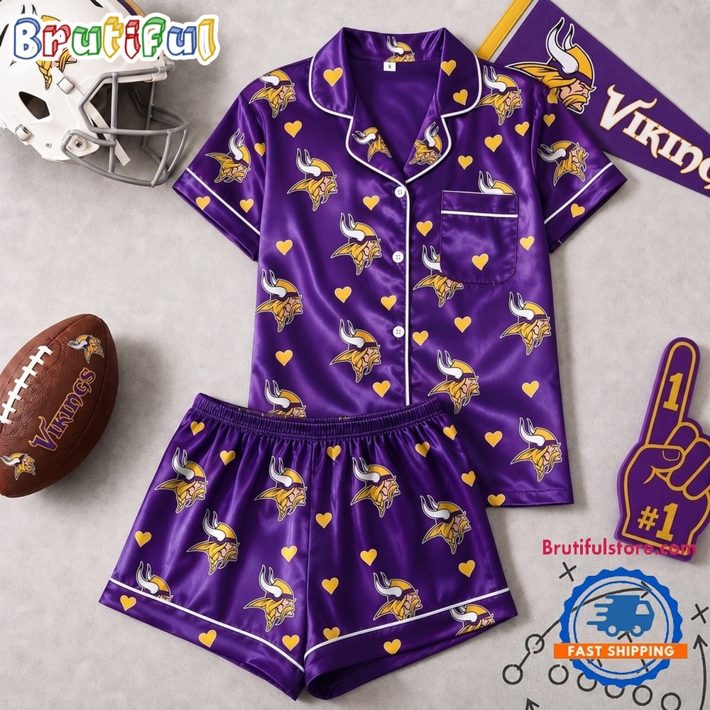 Minnesota Vikings NFL Logo Team Love Satin Short Sleeve Pajamas Set Minnesota Vikings NFL Logo Team Love Satin Short Sleeve Pajamas Set