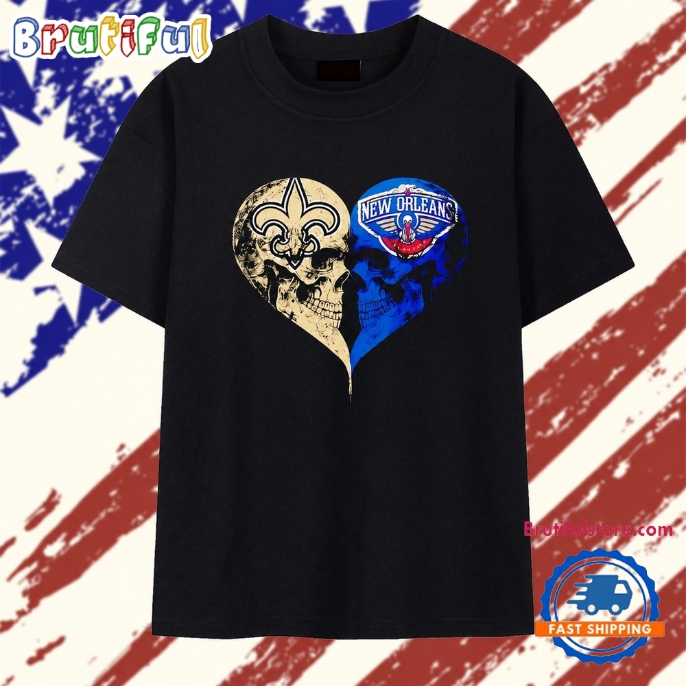 New Orleans Saints x New Orleans Pelicans skulls face to face heart shape T Shirt New Orleans Saints x New Orleans Pelicans skulls face to face heart shape T Shirt