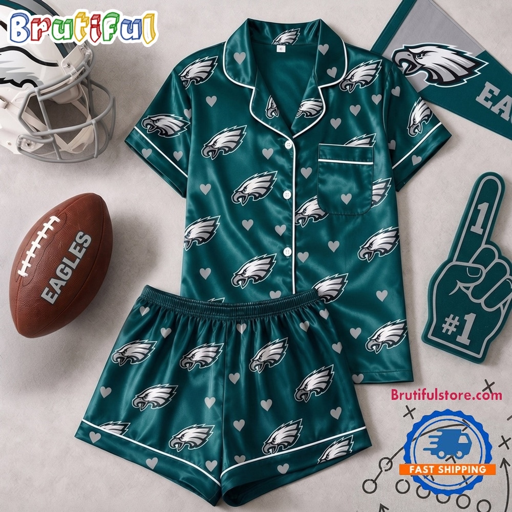 Philadelphia Eagles NFL Logo Team Love Satin Short Sleeve Pajamas Set Philadelphia Eagles NFL Logo Team Love Satin Short Sleeve Pajamas Set