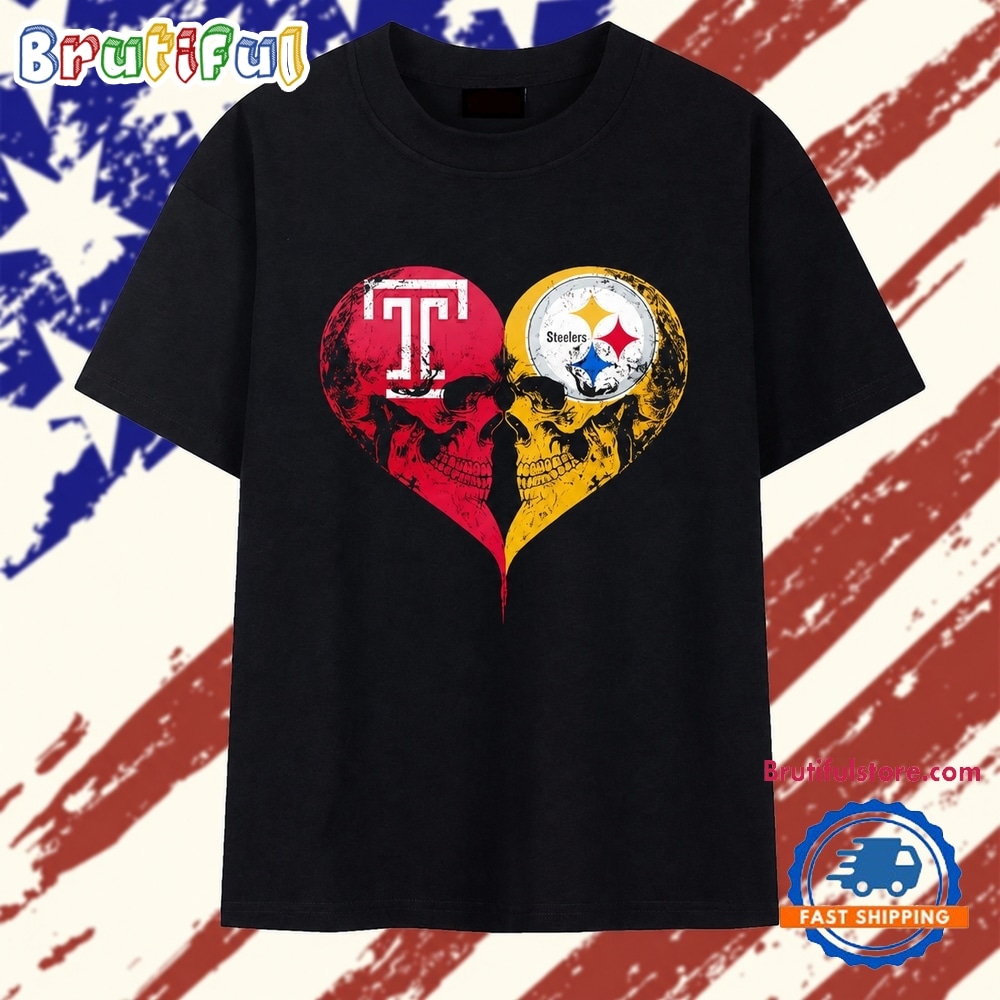Temple Owls x Pittsburgh Steelers skulls face to face heart shape distressed T Shirt Temple Owls x Pittsburgh Steelers skulls face to face heart shape distressed T Shirt