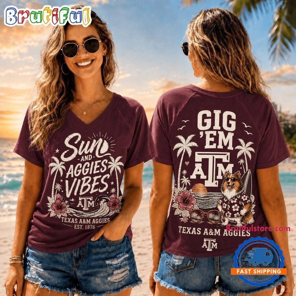 Texas A&M Aggies NCAA Sunset and Beach Vibes V neck T Shirt Texas A&M Aggies NCAA Sunset and Beach Vibes V neck T Shirt