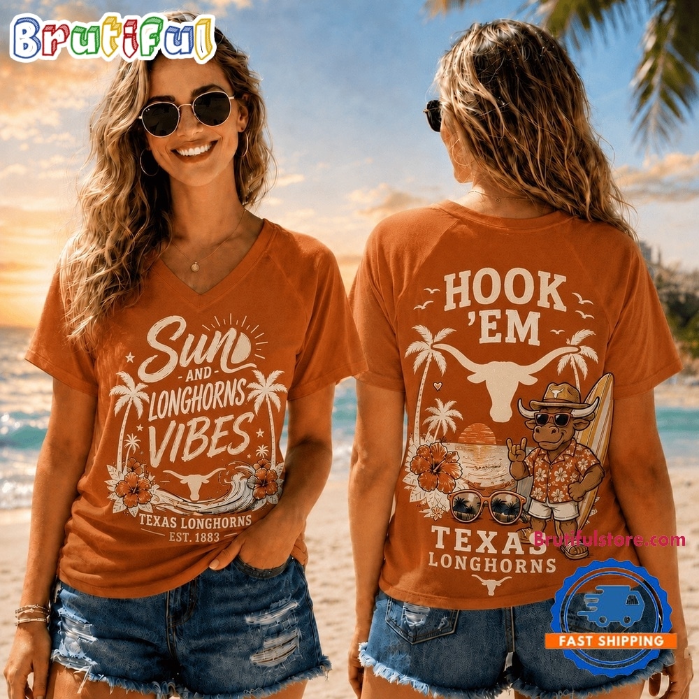Texas Longhorns NCAA Sunset and Beach Vibes V neck T Shirt Texas Longhorns NCAA Sunset and Beach Vibes V neck T Shirt