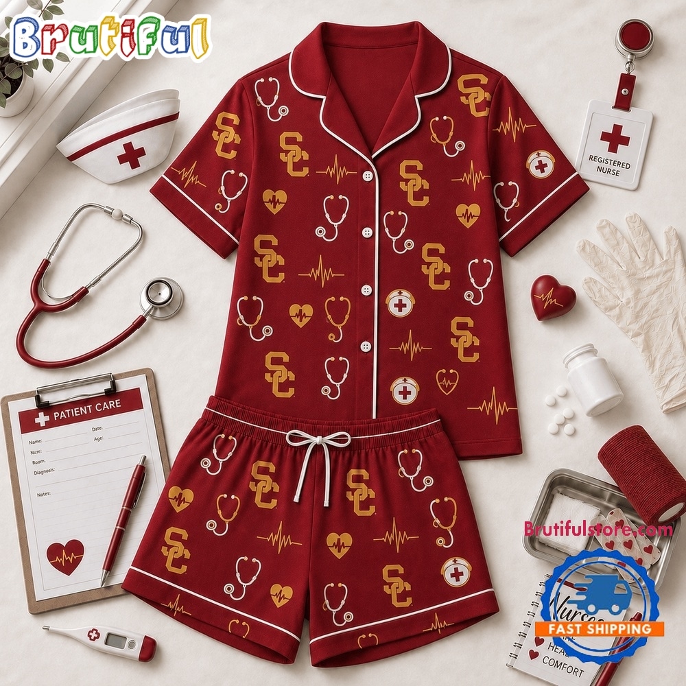 Usc Trojans NCAA Heartbeats & Home Teams Short Sleeve Pajamas Set Usc Trojans NCAA Heartbeats & Home Teams Short Sleeve Pajamas Set