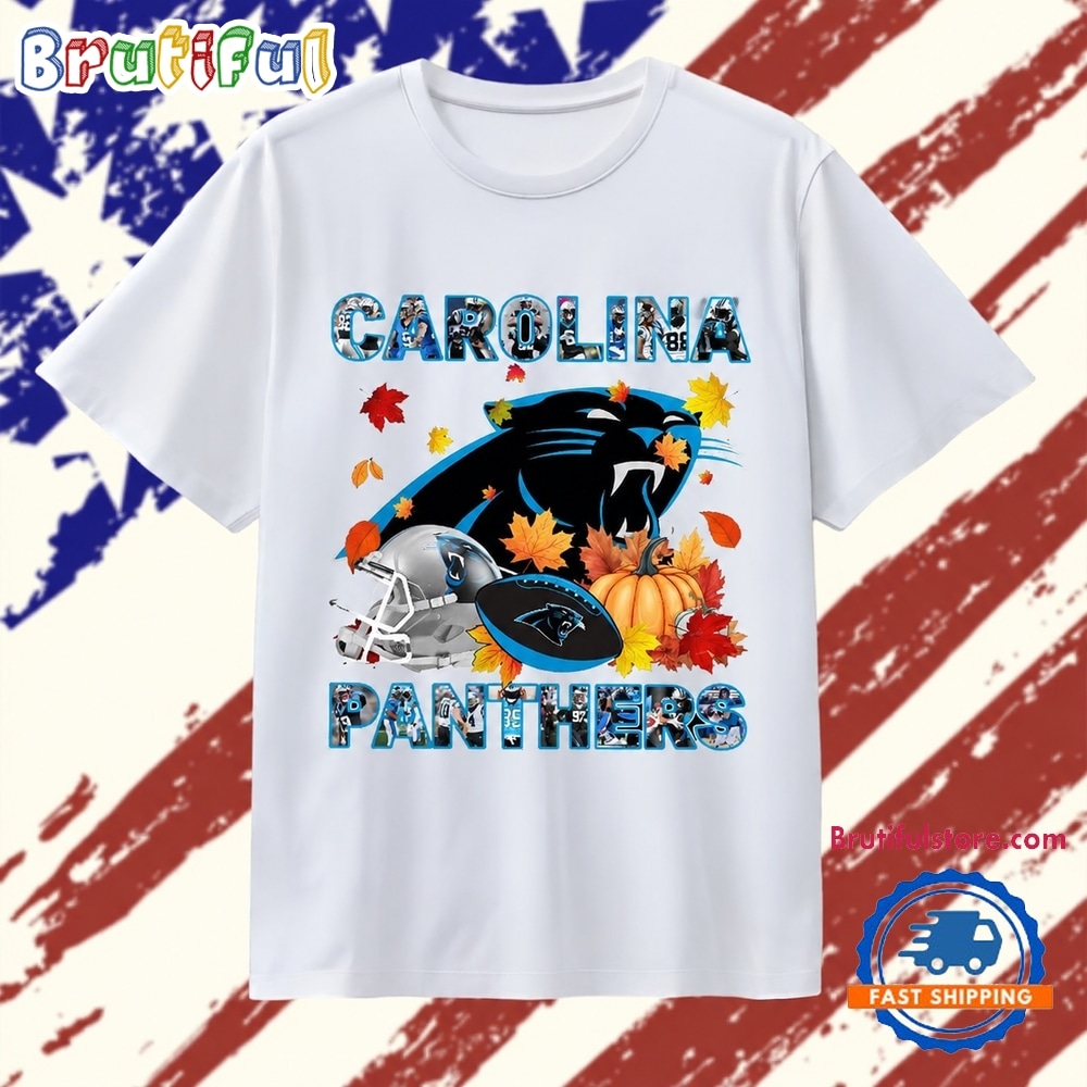 Carolina Panthers Football Autumn Leaves Pumpkin Graphic T Shirt Carolina Panthers Football Autumn Leaves Pumpkin Graphic T Shirt