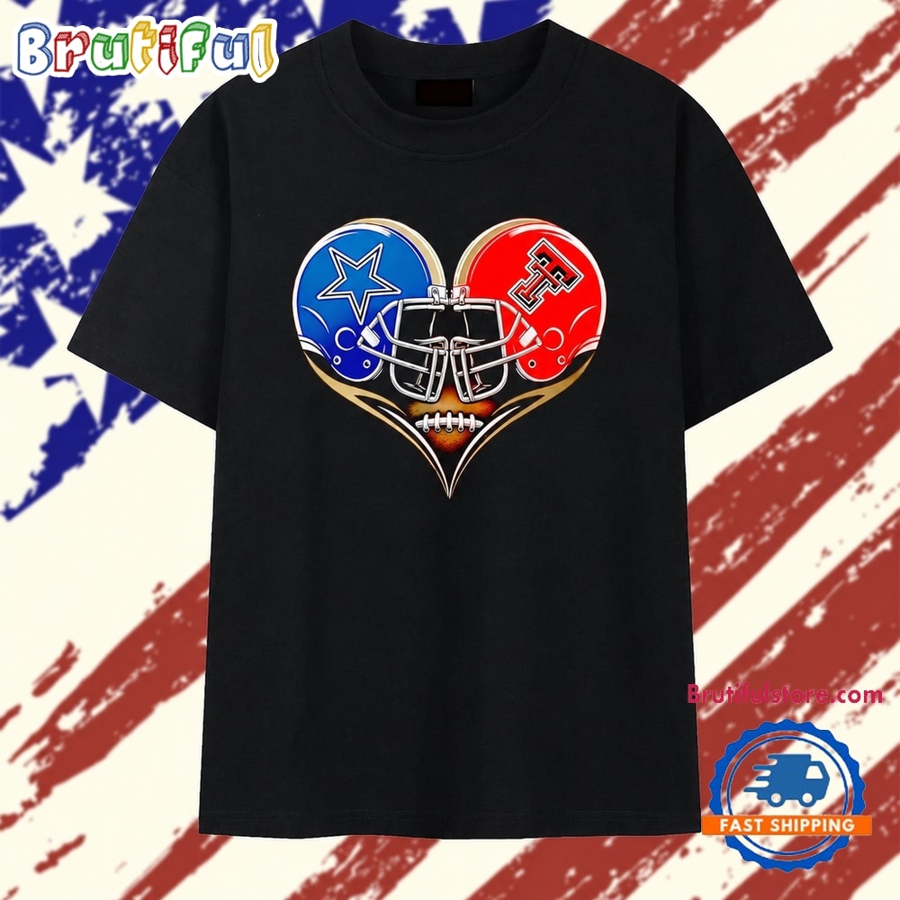 Dallas Cowboys and Texas Tech Red Raiders Heart Football Helmet T Shirt Dallas Cowboys and Texas Tech Red Raiders Heart Football Helmet T Shirt