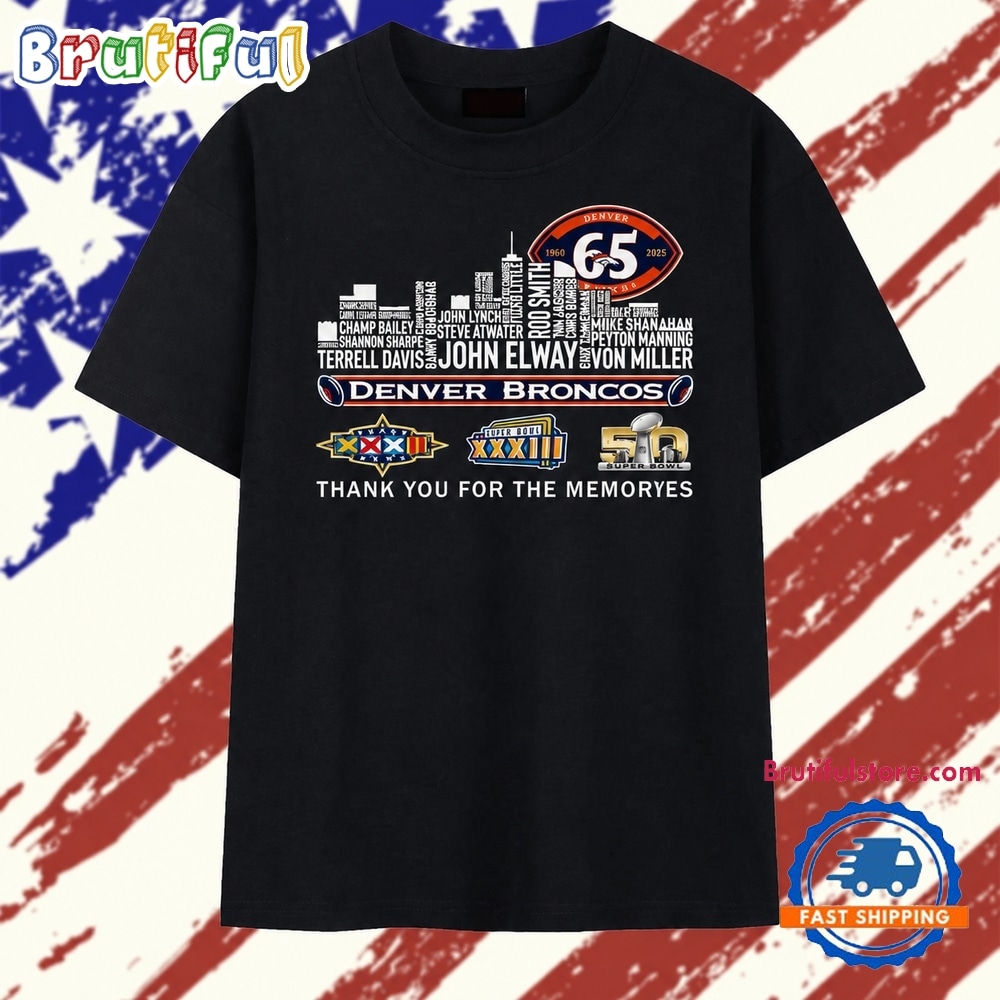 Denver Broncos 65th Anniversary Skyline Signatures Football T Shirt Denver Broncos 65th Anniversary Skyline Signatures Football T Shirt