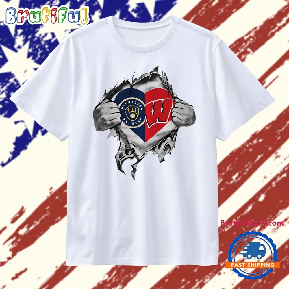Milwaukee Brewers and Wisconsin Badgers Heart T Shirt Milwaukee Brewers and Wisconsin Badgers Heart T Shirt