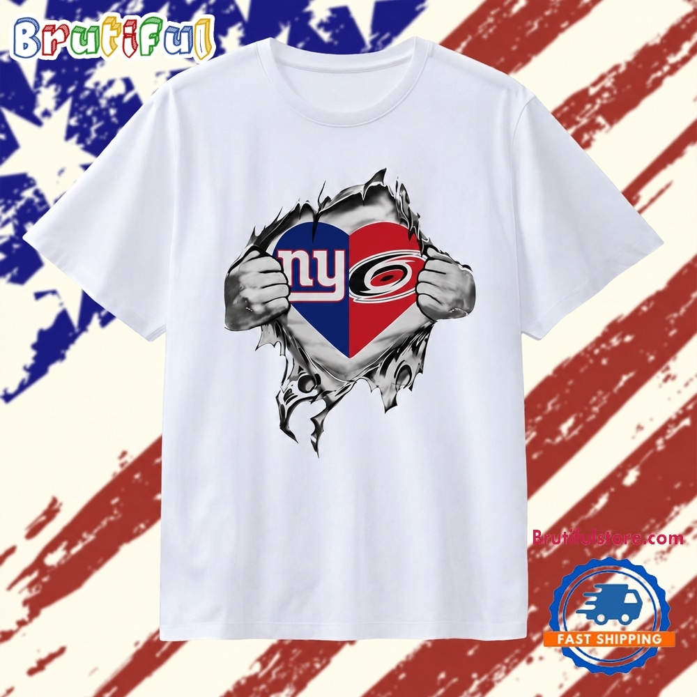New York Giants and Carolina Hurricanes Heart Logo T Shirt New York Giants and Carolina Hurricanes Heart Logo T Shirt