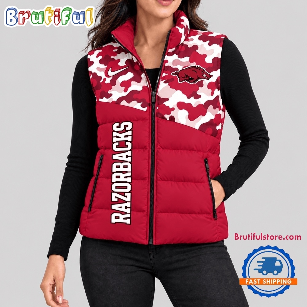 Arkansas Razorbacks NCAA Camo Panel Sleeveless Puffer Jacket Arkansas Razorbacks NCAA Camo Panel Sleeveless Puffer Jacket