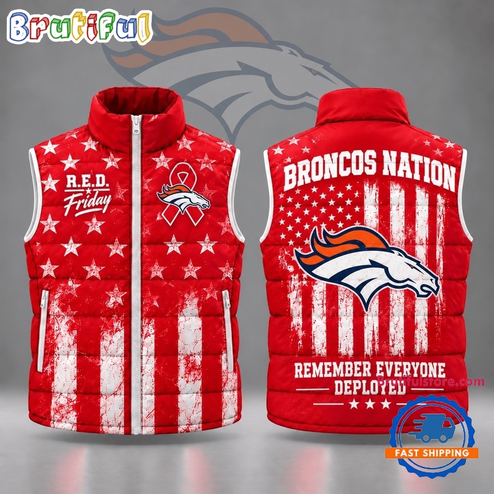 Denver Broncos NFL RED Friday Stars and Stripes Patriotic Tribute Sleeveless Puffer Jacket Denver Broncos NFL RED Friday Stars and Stripes Patriotic Tribute Sleeveless Puffer Jacket
