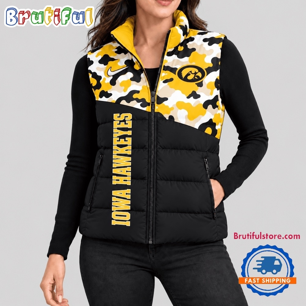 Iowa Hawkeyes NCAA Camo Panel Sleeveless Puffer Jacket Iowa Hawkeyes NCAA Camo Panel Sleeveless Puffer Jacket