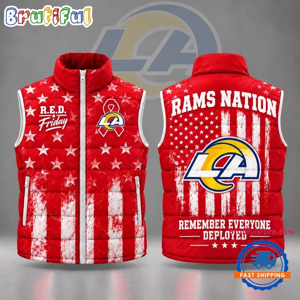 Los Angeles Rams NFL RED Friday Stars and Stripes Patriotic Tribute Sleeveless Puffer Jacket Los Angeles Rams NFL RED Friday Stars and Stripes Patriotic Tribute Sleeveless Puffer Jacket
