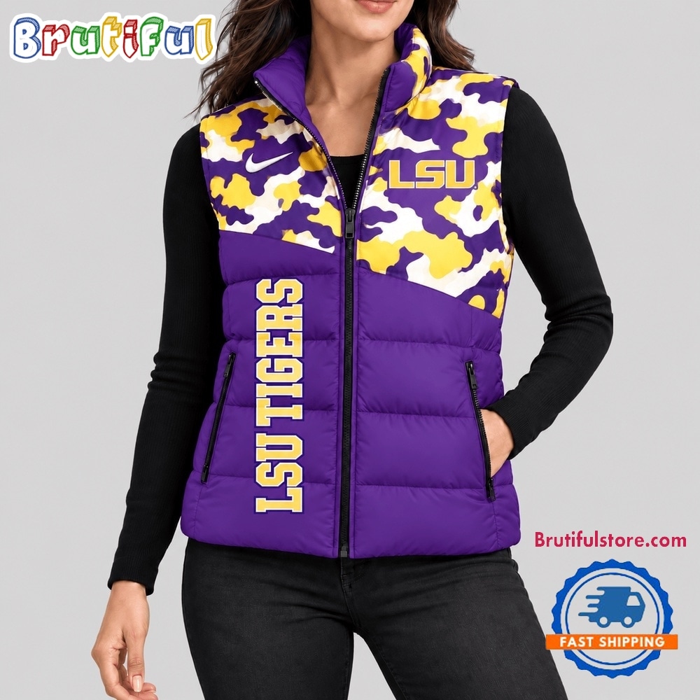 LSU Tigers NCAA Camo Panel Sleeveless Puffer Jacket LSU Tigers NCAA Camo Panel Sleeveless Puffer Jacket